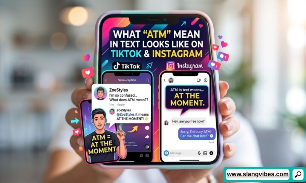 ATM mean in text on TikTok and Instagram showing chat slang usage in social media messages and comments