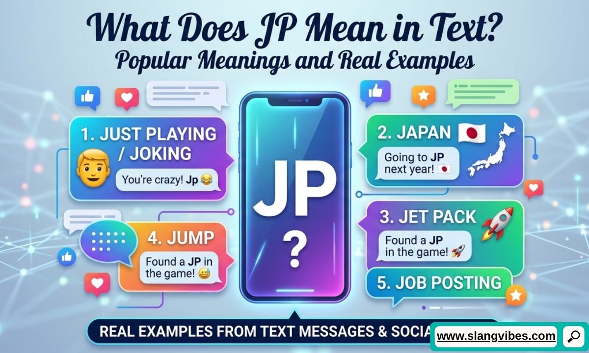 What Does JP Mean in Text shown in a smartphone chat with texting slang and social media messaging examples