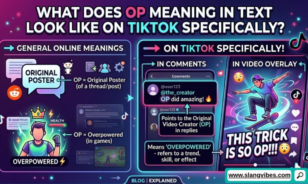 OP meaning on TikTok shown in comments and videos with examples of viral slang and creator interactions