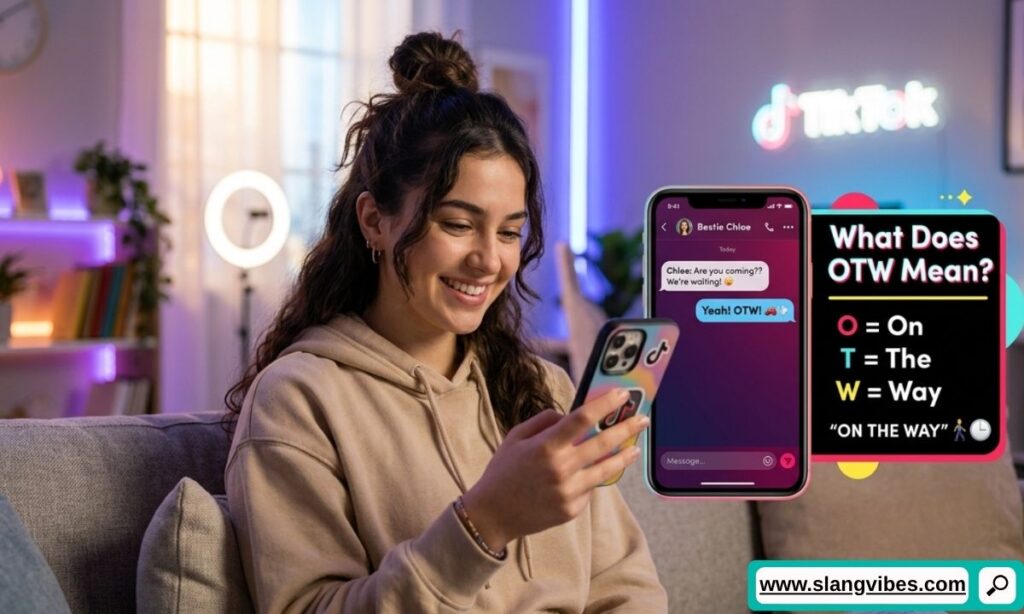 TikTok chat showing OTW meaning in text with a message saying "OTW" to indicate someone is on the way.