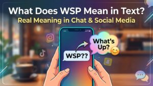 WSP mean in text shown on a phone screen with chat bubbles and casual texting conversation