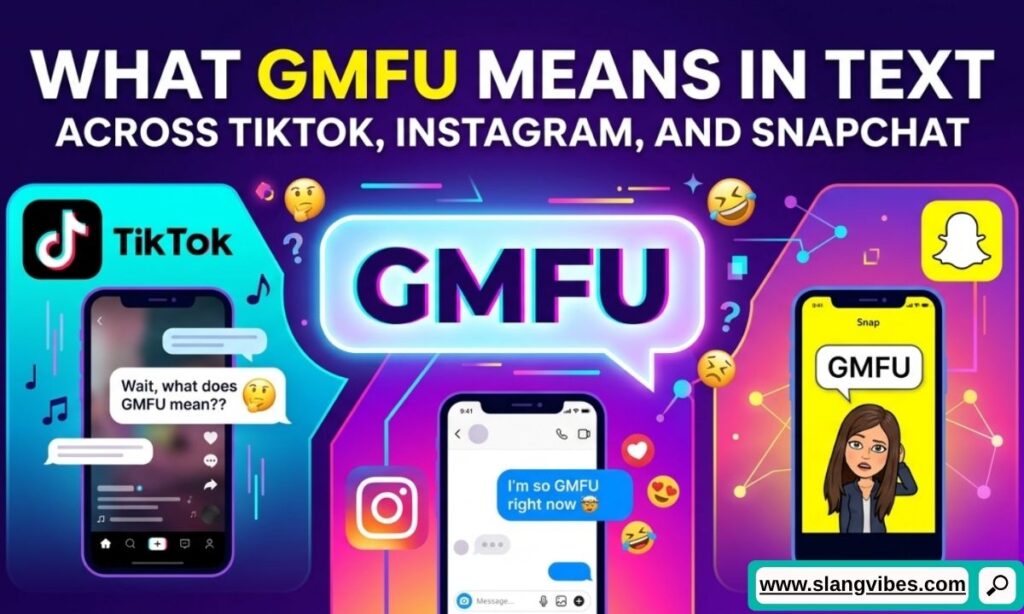 GMFU mean in text across TikTok Instagram and Snapchat platforms showing social media slang usage 2026