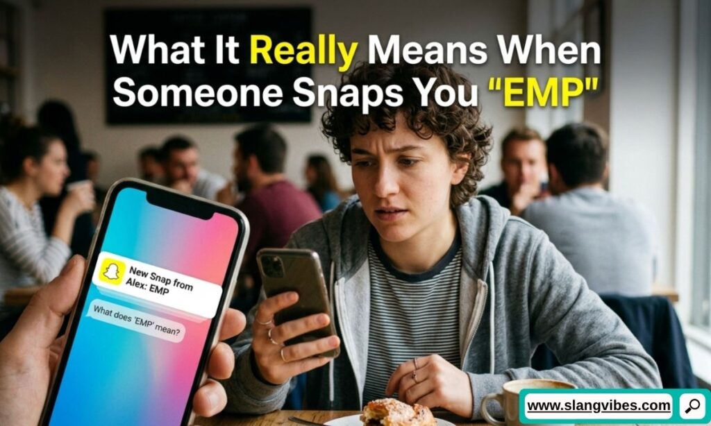 Snapchat message displaying EMP meaning in text during a casual social media conversation