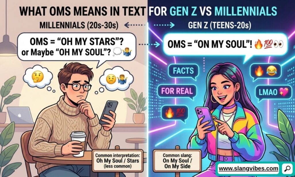What OMS Means in Text for Gen Z vs Millennials shown through chat messages and social media conversations