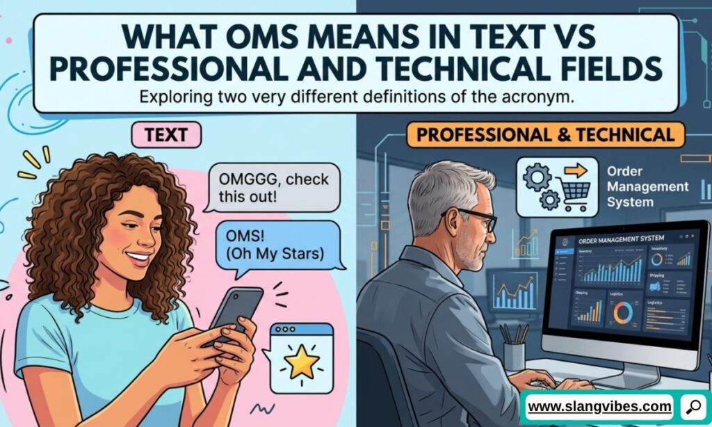 What OMS Means in Text vs professional and technical fields shown with texting and workplace examples