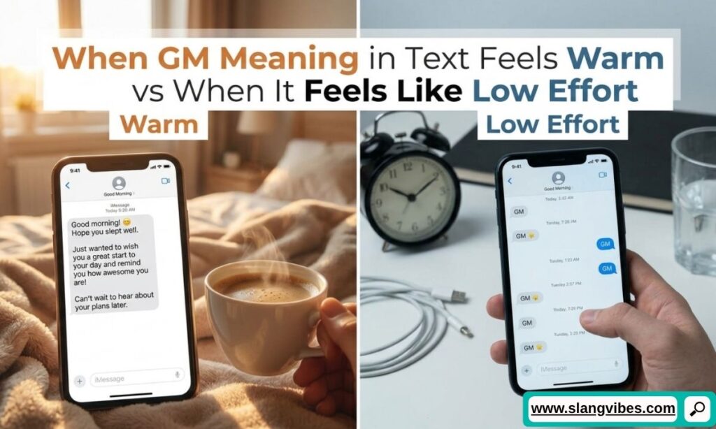GM meaning in text showing warm personal greetings versus short low-effort messages in online chats