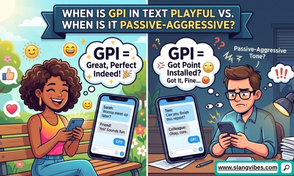 GPI meaning in text showing playful vs passive aggressive tone comparison chart for Gen Z sarcastic slang
