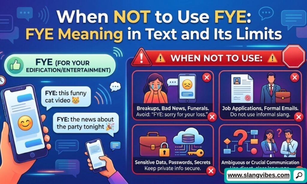 When not to use FYE in text messages, showing texting mistakes and social media communication examples