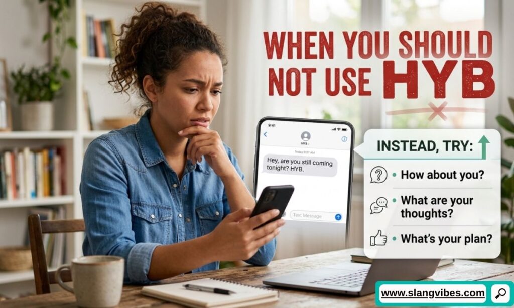 When not to use HYB in text messages with examples of better alternatives for professional and formal communication