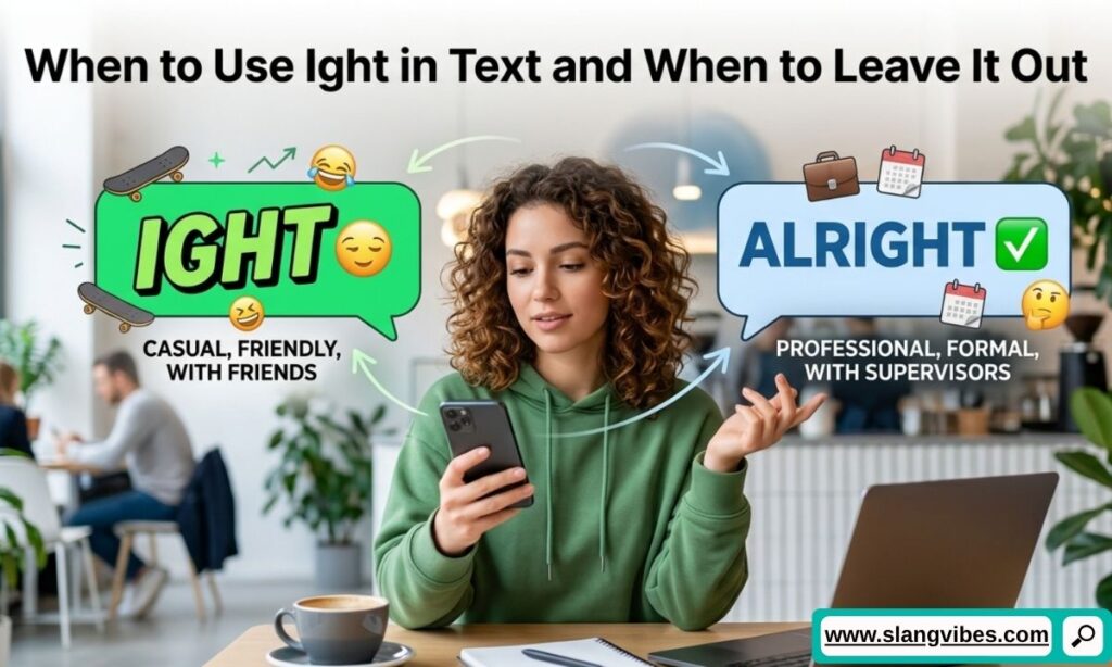 Guide showing when to use Ight in text and when to avoid it in casual, professional, and social media conversations.