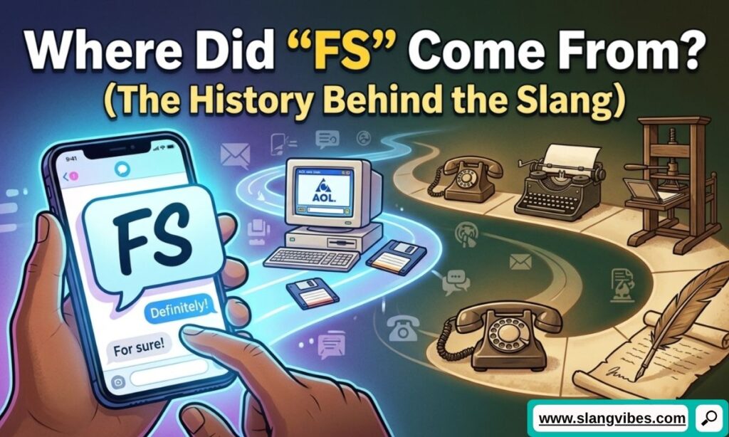 History of FS slang origin in texting culture shown on a vintage phone to modern smartphone timeline