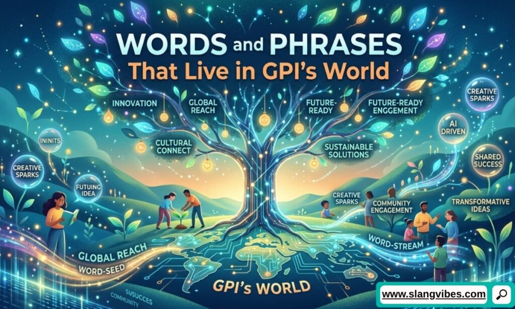 Words and phrases related to GPI meaning in text including FOMO sarcastic slang and ironic gratitude terms
