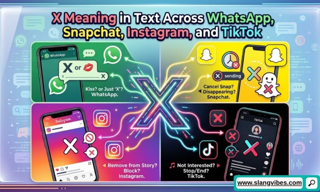 X meaning in text across WhatsApp, Snapchat, Instagram, and TikTok shown in social media chat conversations