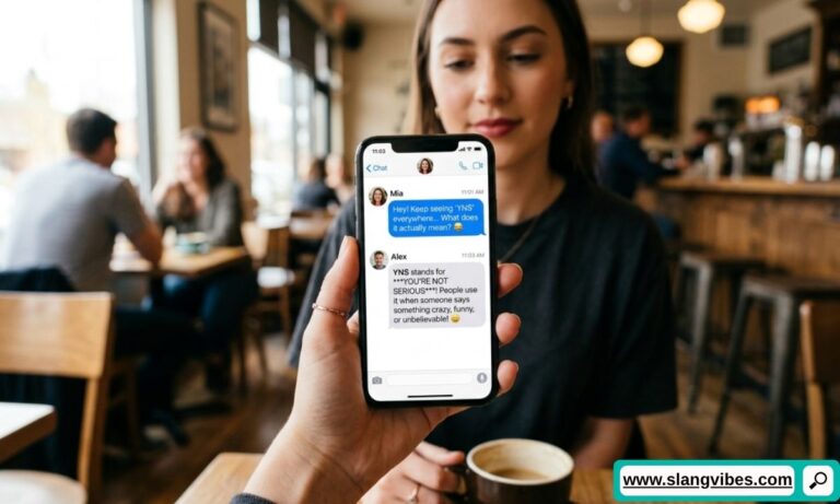 YNS Meaning in Text displayed in a smartphone chat with texting abbreviation examples