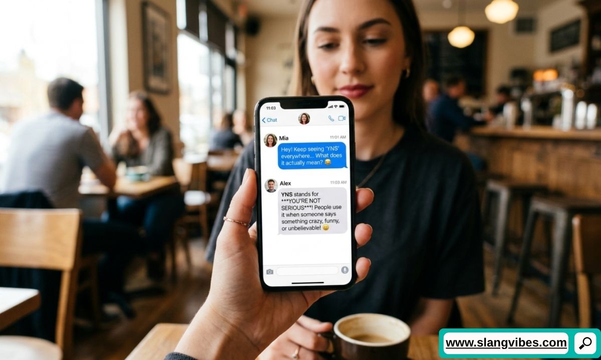 YNS Meaning in Text displayed in a smartphone chat with texting abbreviation examples