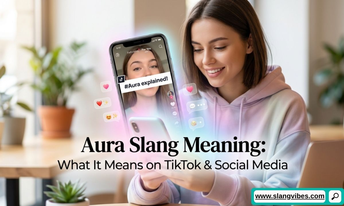 Aura slang meaning explained with TikTok social media icons and Gen Z texting examples in a modern digital design