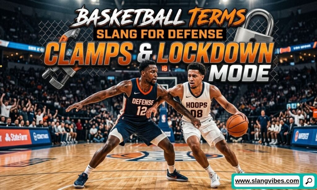 Basketball defense slang showing clamps, lockdown mode, elite defender, and defensive basketball terms in action.