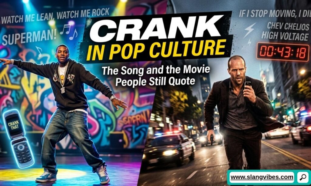 Crank slang meaning inspired by the Crank movie and Soulja Boy's Crank That song in pop culture and internet slang