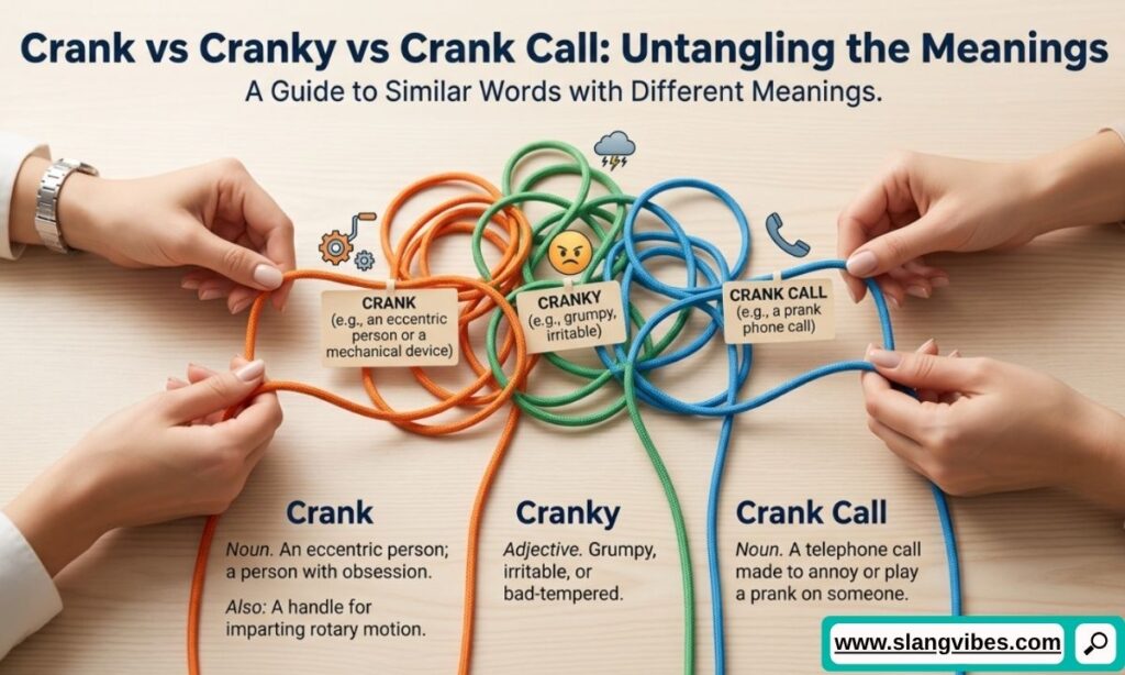 Crank vs cranky vs crank call meanings explained with examples in modern slang, texting, and everyday English