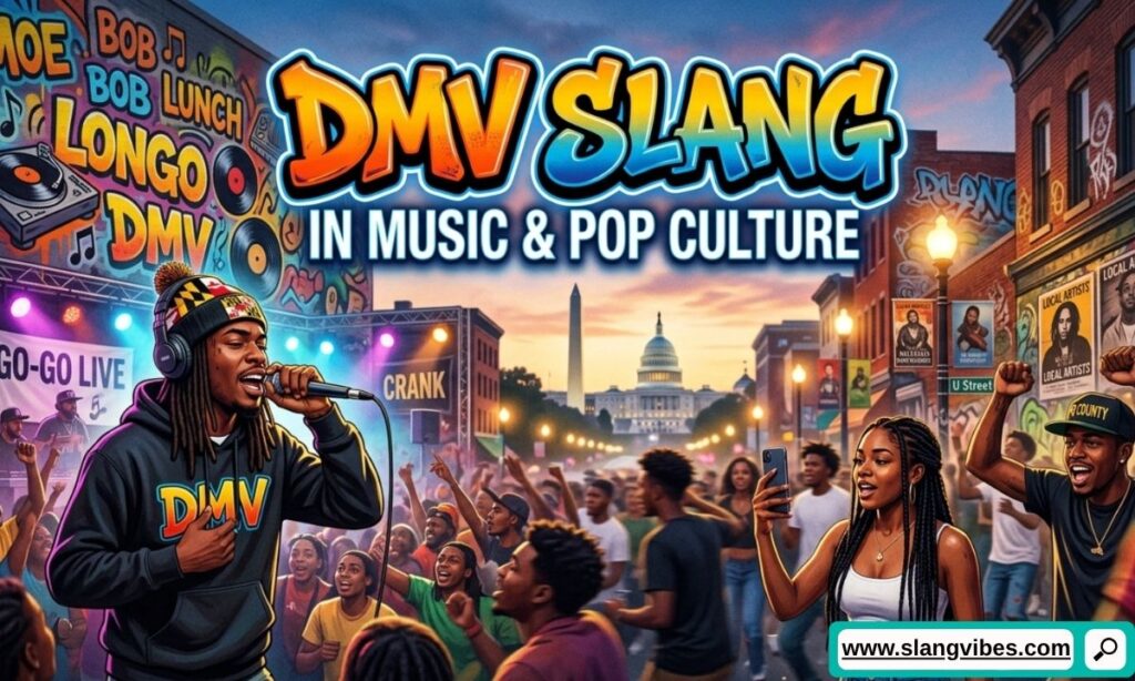 DMV slang in music and pop culture featuring popular regional phrases, hip-hop influence, and modern Gen Z language.