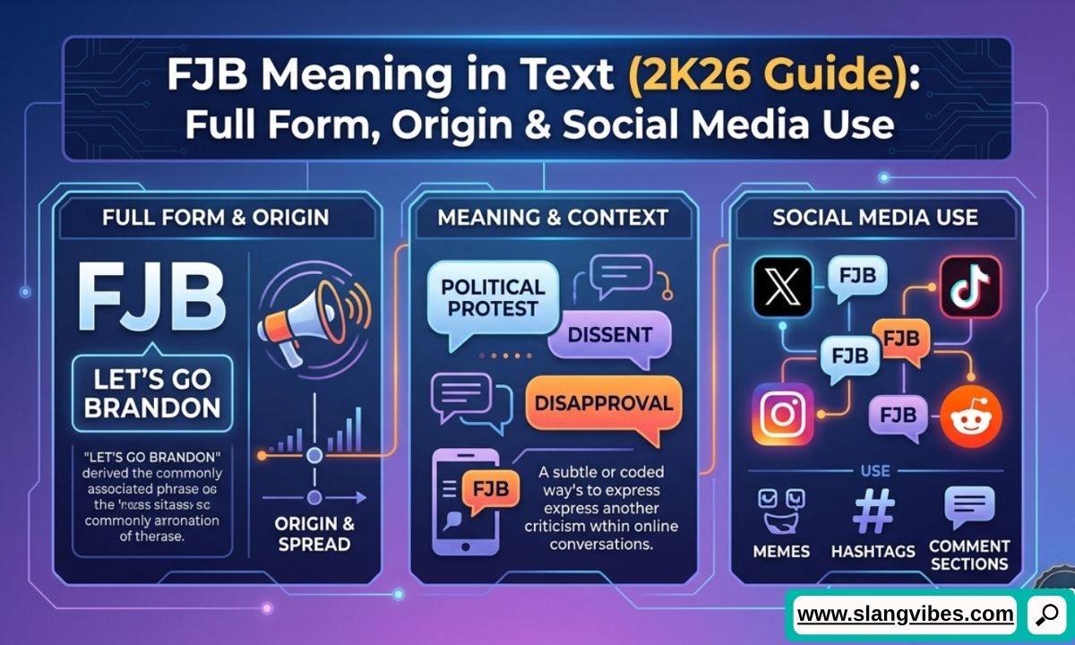 FJB Meaning in Text (2K26 Guide) showing the full form, origin, political slang, and social media use across major platforms.