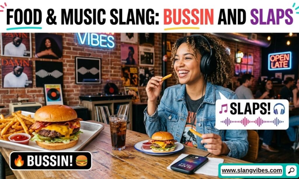Bussin and slaps slang meaning with food and music examples in Gen Z texting and social media conversations