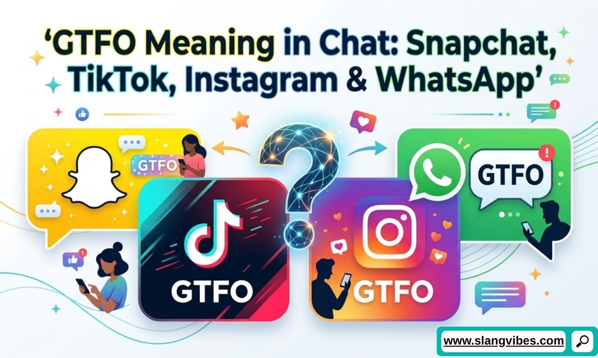 GTFO Meaning in Chat explained with Snapchat, TikTok, Instagram, and WhatsApp examples and texting slang usage.
