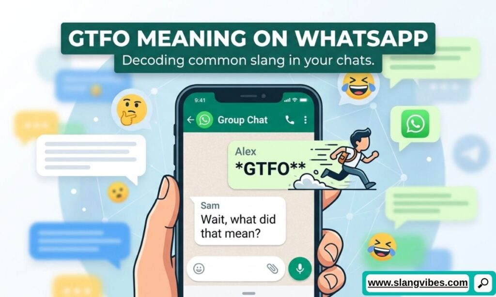 GTFO Meaning on WhatsApp explained with real chat examples, texting slang, and message conversation screenshots.