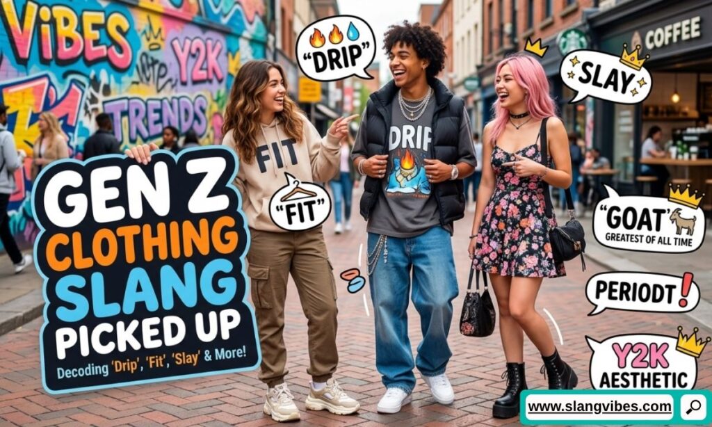 Gen Z clothing slang featuring trendy outfits, viral fashion terms, aesthetic styles, and modern wardrobe vocabulary