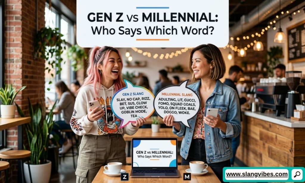 Gen Z vs Millennial Mexican slang comparison showing popular words for homie, friend, and everyday Spanish slang.