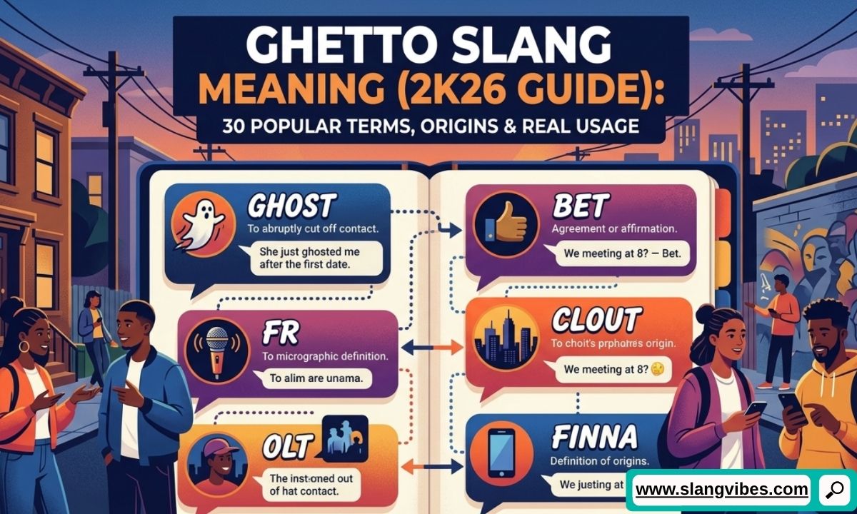 Ghetto slang meaning guide featuring 30 popular urban slang terms, definitions, origins, and real-world usage examples.