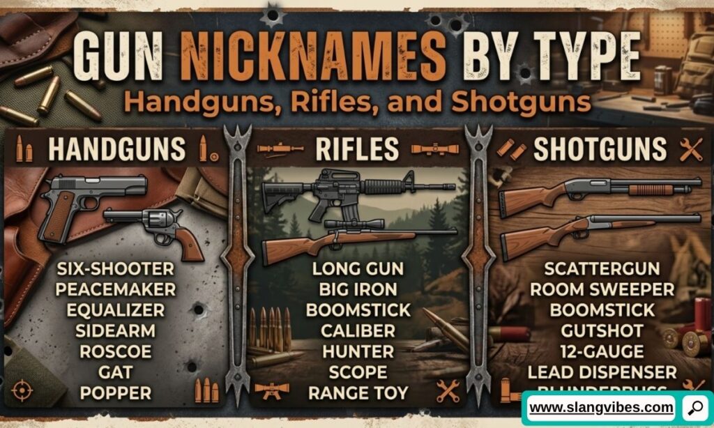 Gun nicknames by type including handgun slang, rifle nicknames, and shotgun street names explained in a 2026 guide.