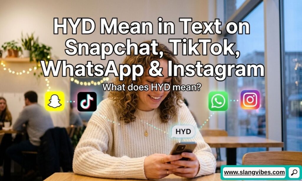 HYD Mean in Text on Snapchat, TikTok, WhatsApp, and Instagram with chat examples and social media slang explained.