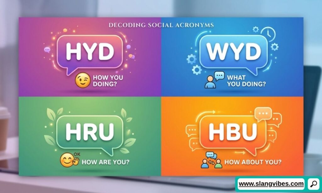 HYD vs WYD vs HRU vs HBU comparison chart showing the meaning of popular texting abbreviations and chat slang.