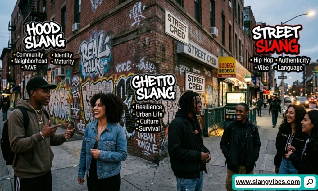 Comparison of hood slang, ghetto slang, and street slang meanings with modern urban language and popular slang terms