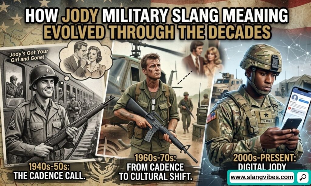 Timeline showing how Jody military slang meaning evolved through decades of military history and modern army culture