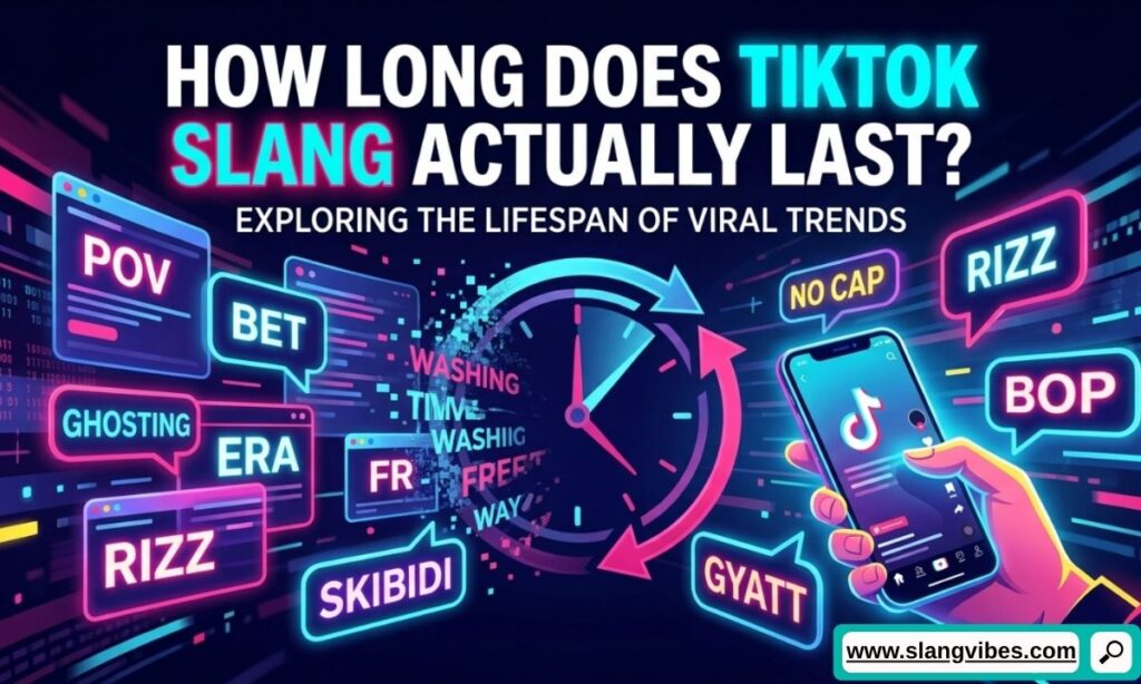 Timeline showing how long TikTok slang lasts, from viral trends to fading internet phrases and evolving Gen Z language.