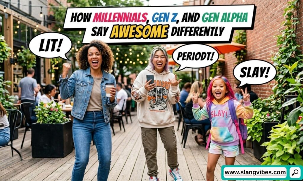 Millennials, Gen Z, and Gen Alpha slang for awesome with popular words used across different generations