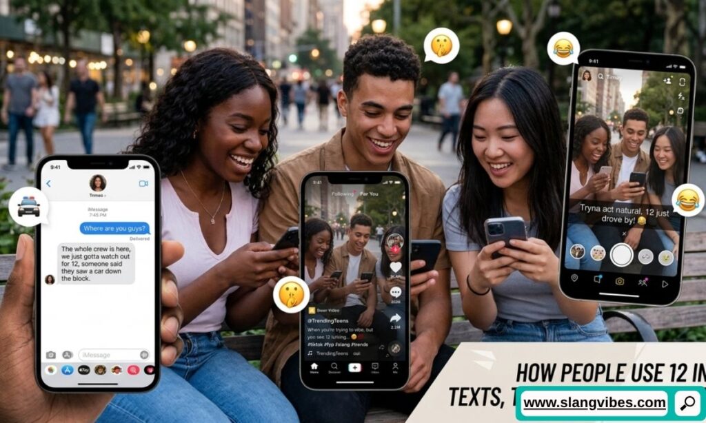 Examples of 12 meaning in texts, TikTok, and Snapchat showing police slang in online chats and social media conversations.