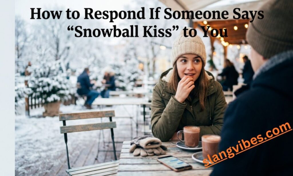 A woman sitting at an outdoor winter cafe table looking thoughtfully at a man across from her, with a text overlay about how to respond if someone says Snowball Kiss to you.