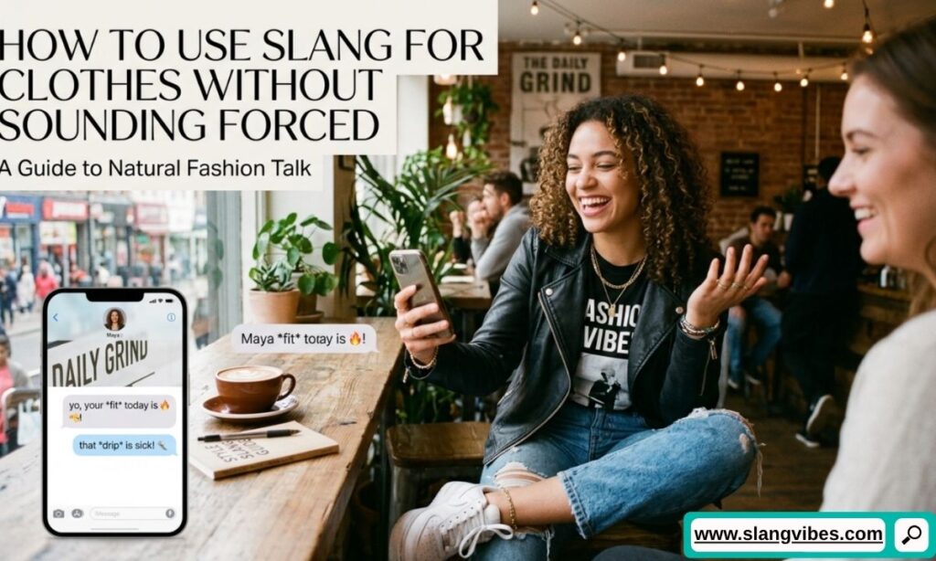 Person using clothes slang naturally while discussing trendy outfits, fashion terms, and modern clothing vocabulary