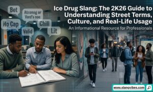 Ice drug slang terms explained with street language, crystal meth terminology, warning symbols, and educational drug awareness graphic.