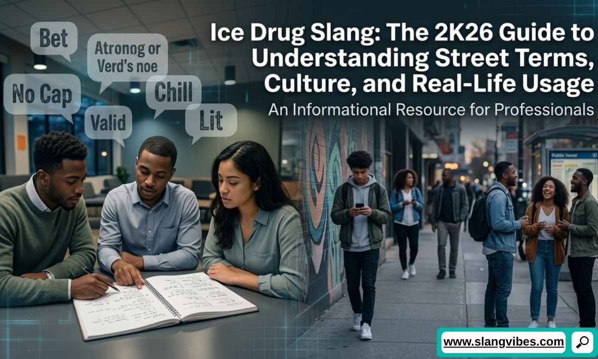 Ice drug slang terms explained with street language, crystal meth terminology, warning symbols, and educational drug awareness graphic.