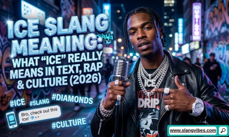 Ice slang meaning explained with diamond jewelry, rap culture, texting slang, and Gen Z social media language (2026).