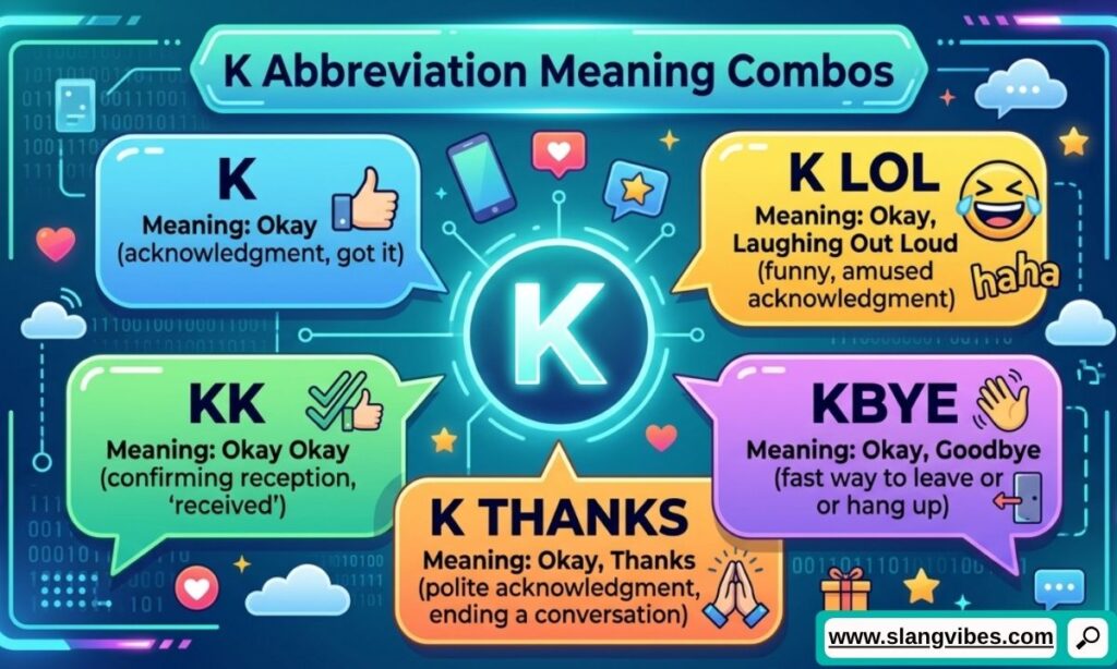 K abbreviation meaning combos including kk, k thanks, kbye, and k lol with texting slang examples