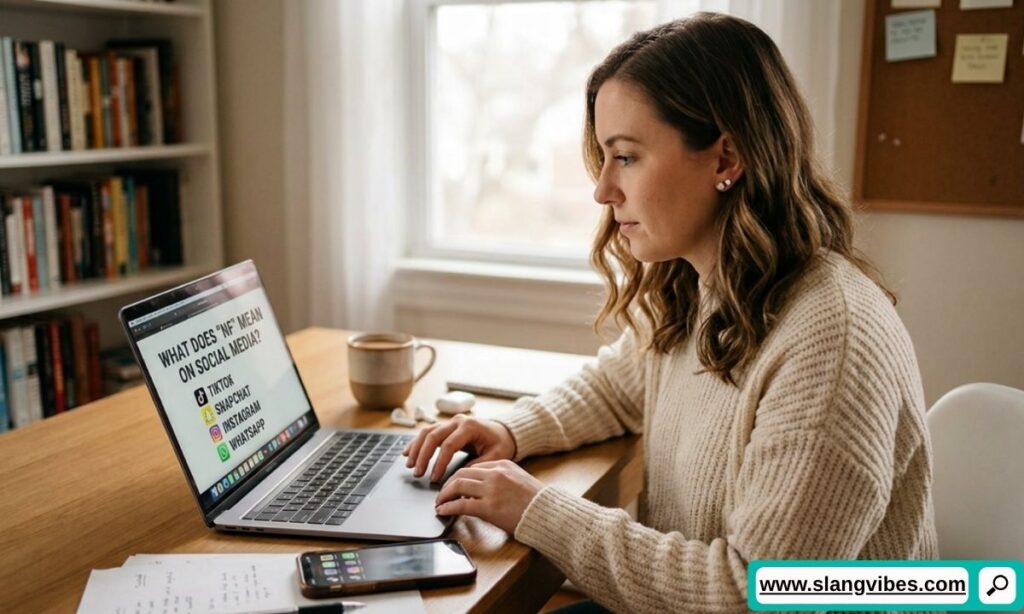 NF meaning on TikTok, Snapchat, Instagram, and WhatsApp explained with social media chat examples and messaging icons.