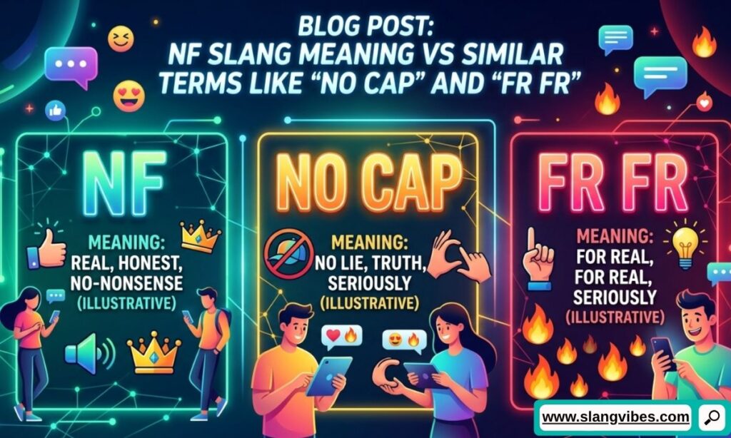 Comparison of NF slang meaning vs No Cap and FR FR with social media texting examples and Gen Z slang guide.