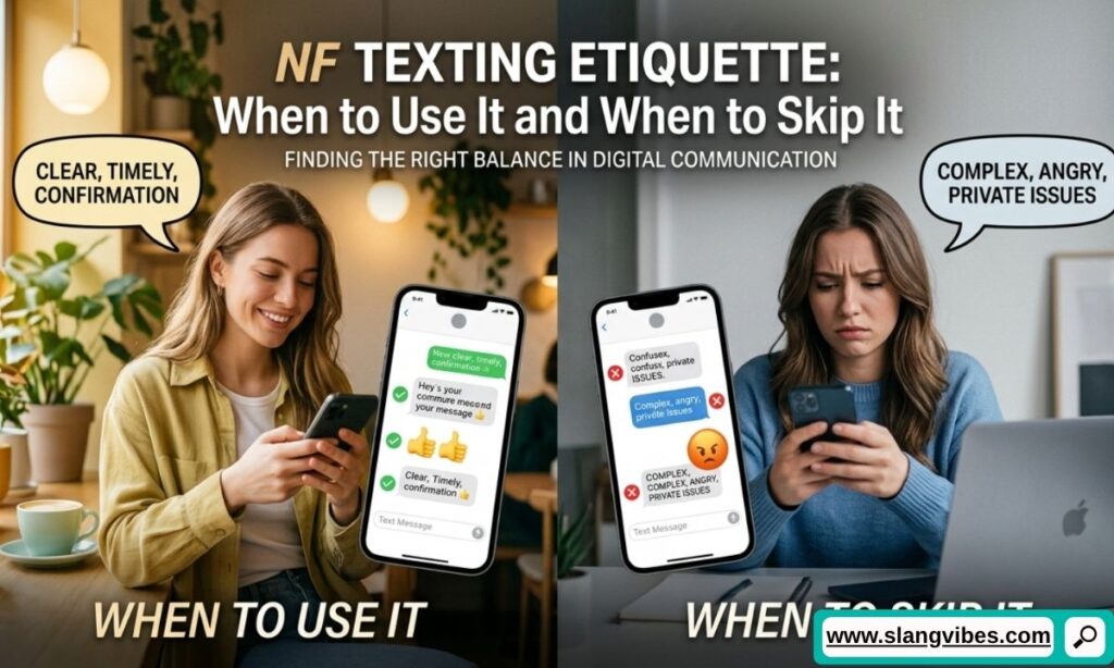 NF texting etiquette guide showing when to use or avoid NF in text messages, social media chats, and online conversations.