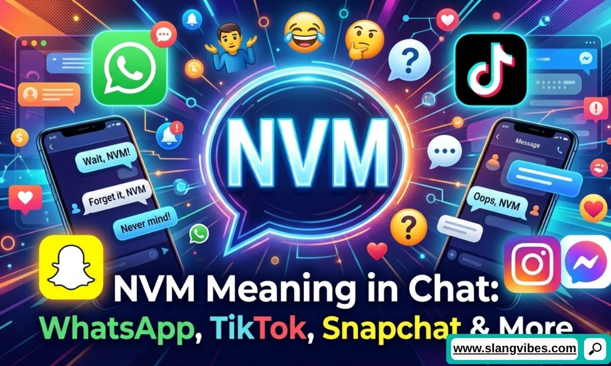 NVM meaning in chat across WhatsApp, TikTok, Snapchat, and Instagram with real texting examples and slang usage