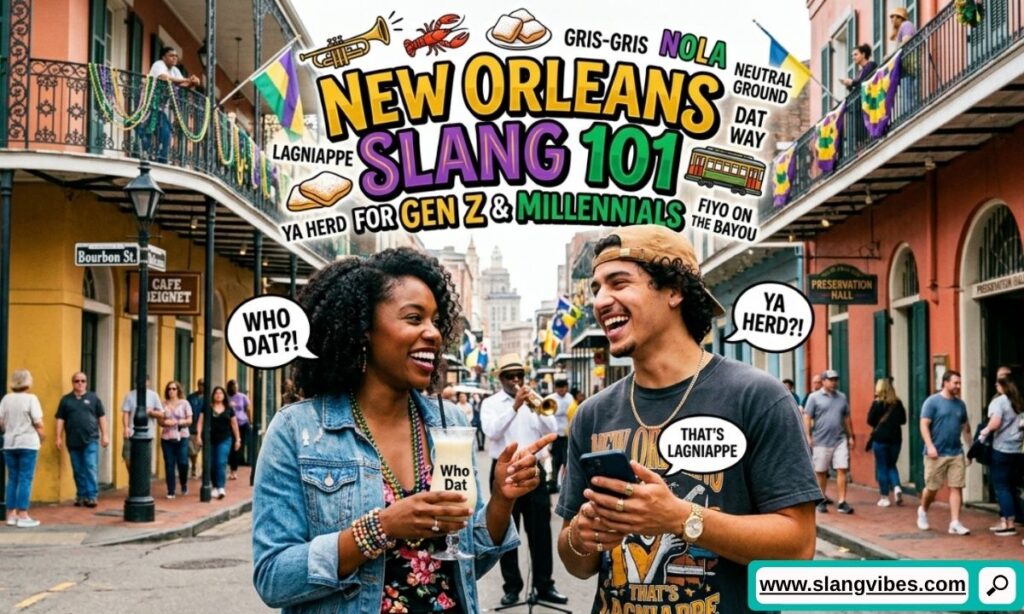 Gen Z and Millennials using New Orleans slang with popular NOLA phrases, modern street talk, and local expressions